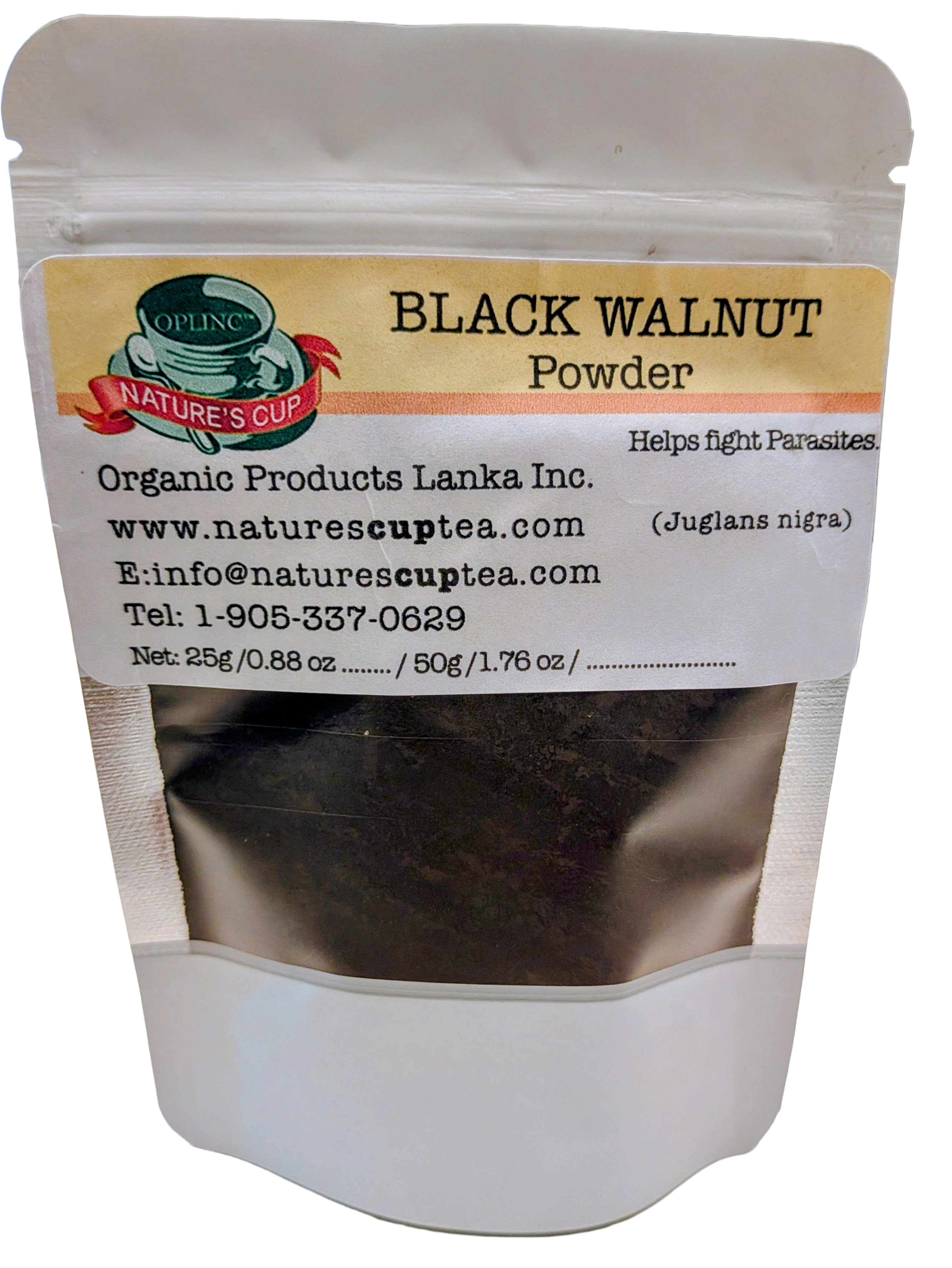 Bag of black walnut powder with Natures Cup branding on a white background
