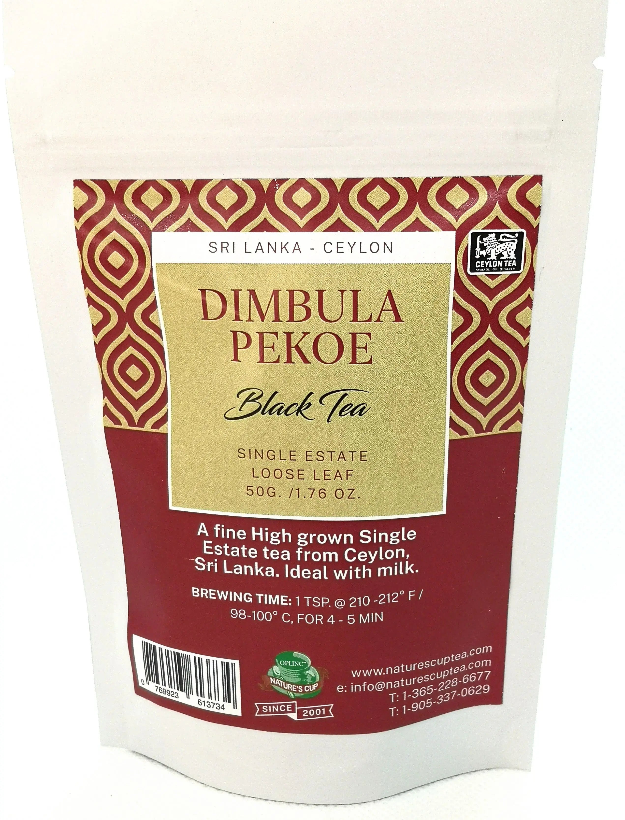 Tea package labeled 'Dimbula Pekoe Black Tea' with decorative design on a white background