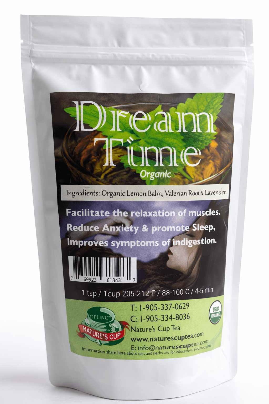 White packaging of Dreann Time Organic tea with green and black label on a white background