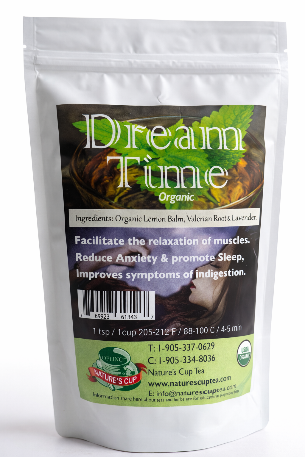 Tea package with 'Dream Time' organic branding on a white background from Nature's Cup Tea.