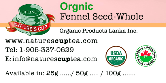Label for Organic Fennel Seed-Whole product from Natures Cup, Oakville, with contact information and certification logos.