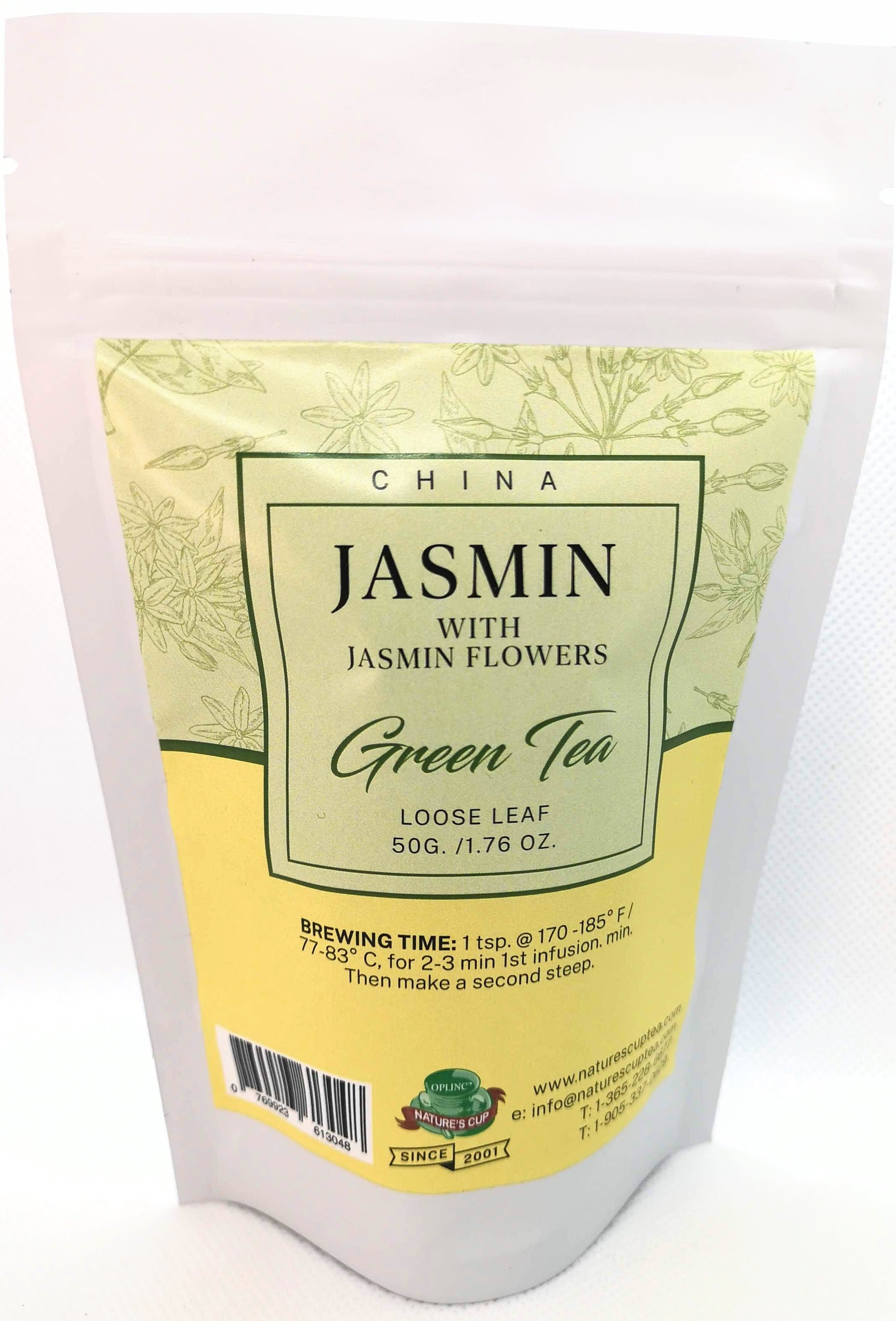 Green tea with Jasmin Flowers package in 50 grams or 1.76 ounces with label on a white background