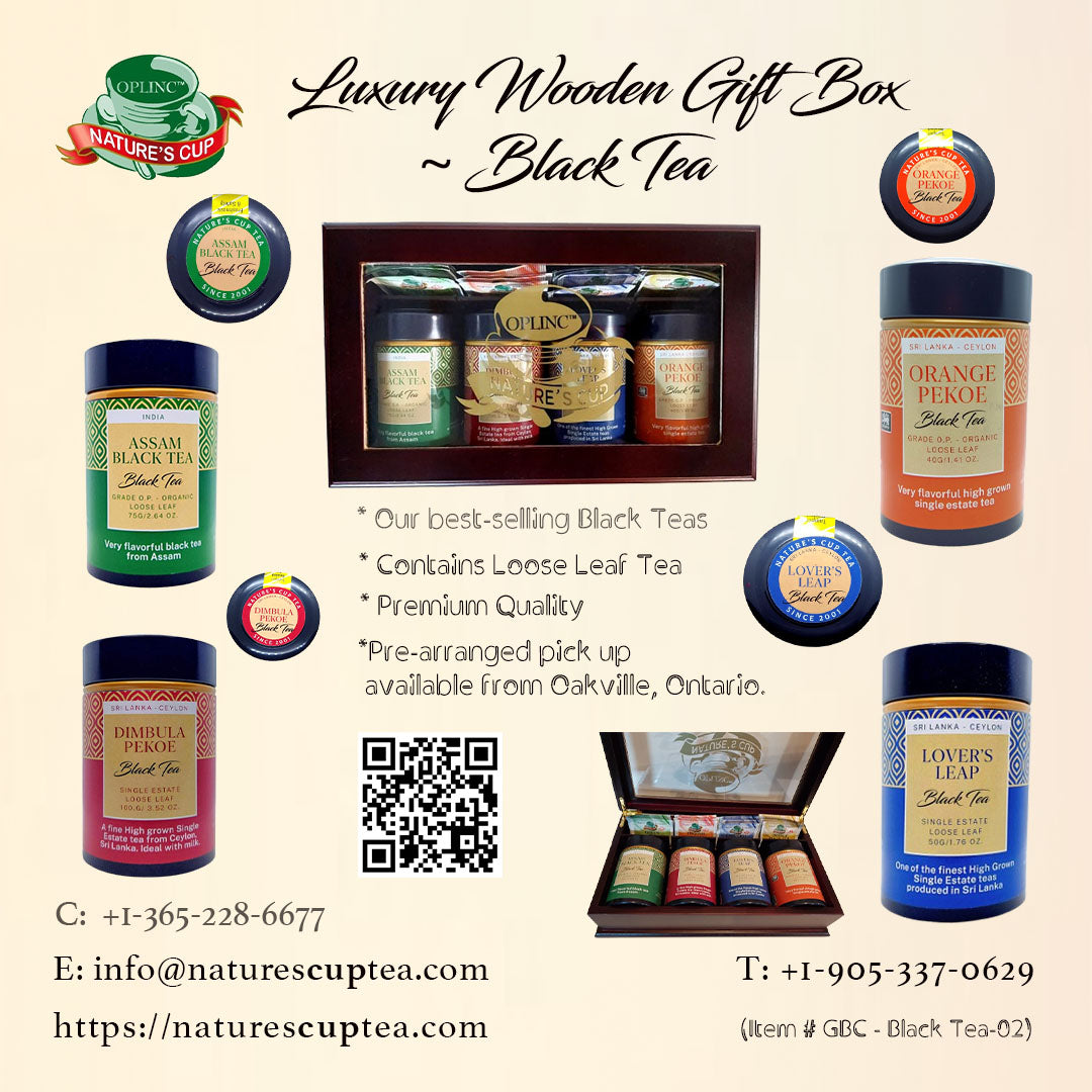 A luxury wooden gift box labeled 'Luxury Wooden Gift Box - Black Tea.' The box is open, displaying various loose leaf black tea containers from different regions. Ideal Mothers Day Gift.