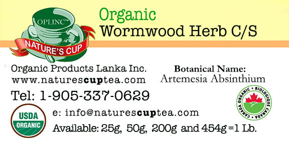 Label for Organic Wormwood Herb C/S from Natures Cup with contact information and product details.